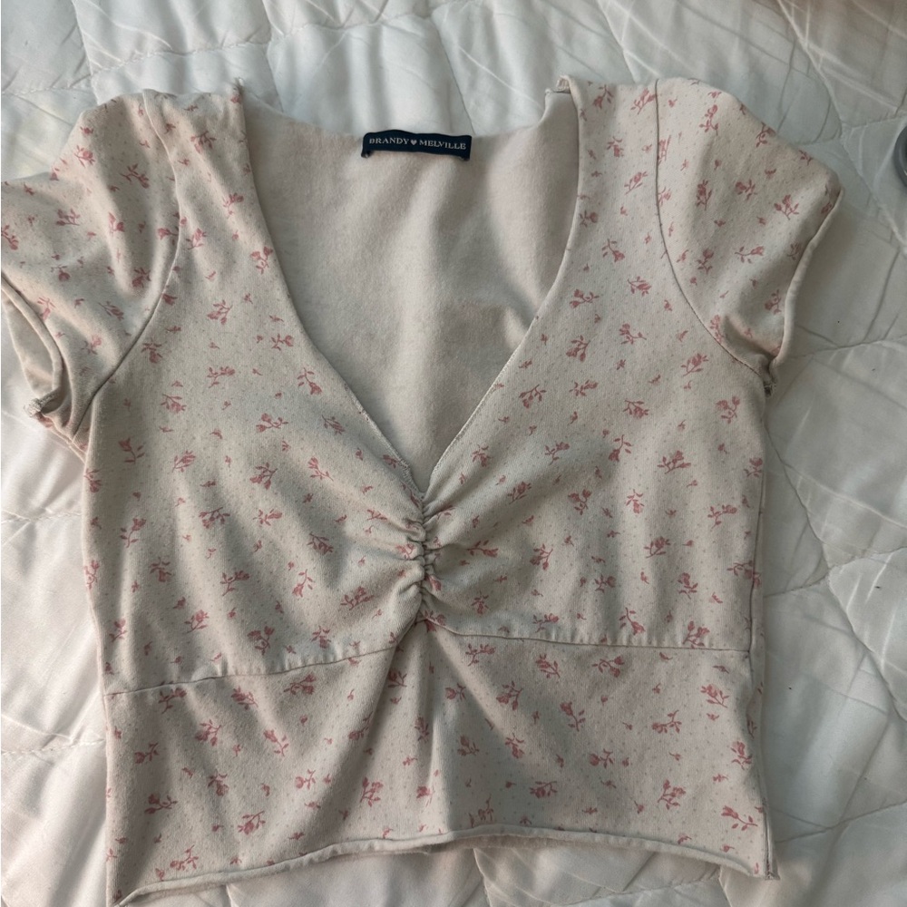 Brandy Melville Cream Ruched Crop Blouse